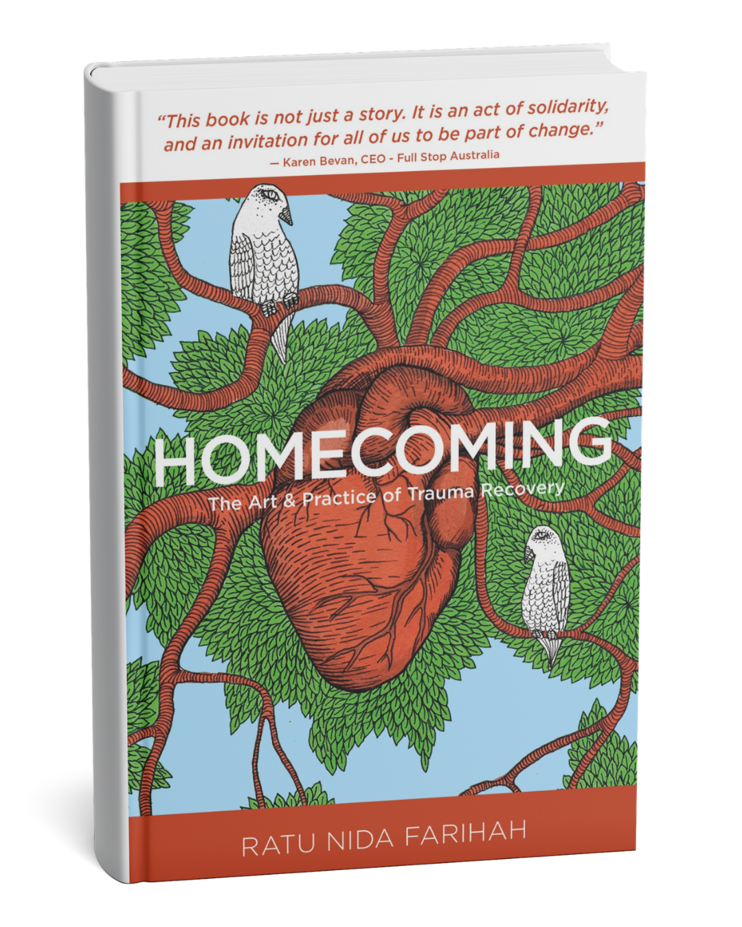 Homecoming book mockup with Karen Bevan endorsement for Homecoming by Ratu Nida Farihah