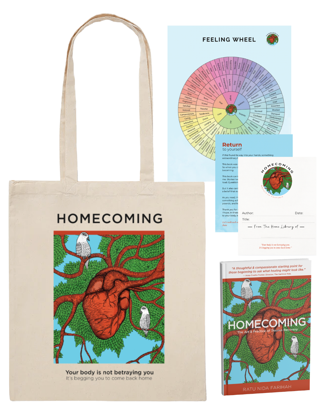 Homecoming bundle package with tote bag, feeling wheel, bookplate and book